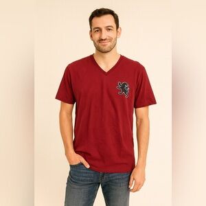 Express Men's Red V-Neck Shirt with Lion Emblem